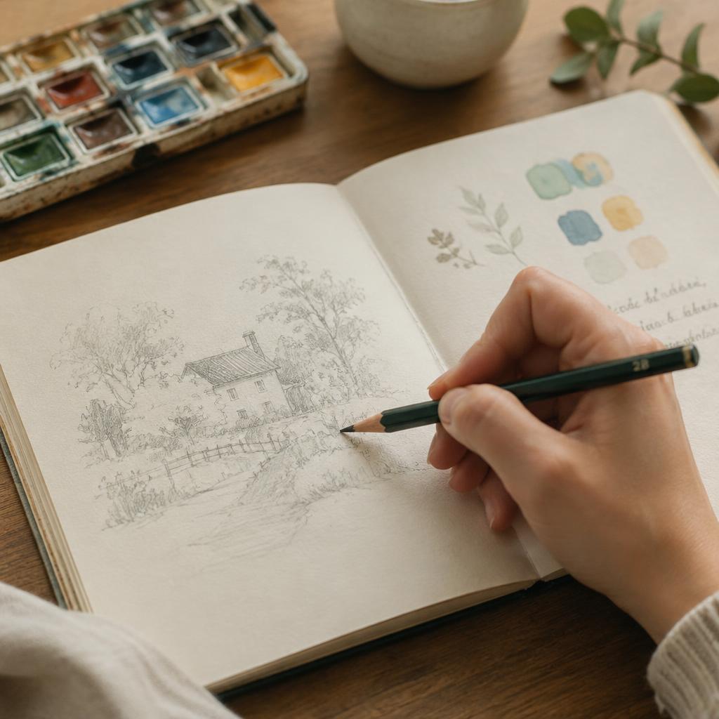 Hand sketching a cottage in pencil inside an open sketchbook