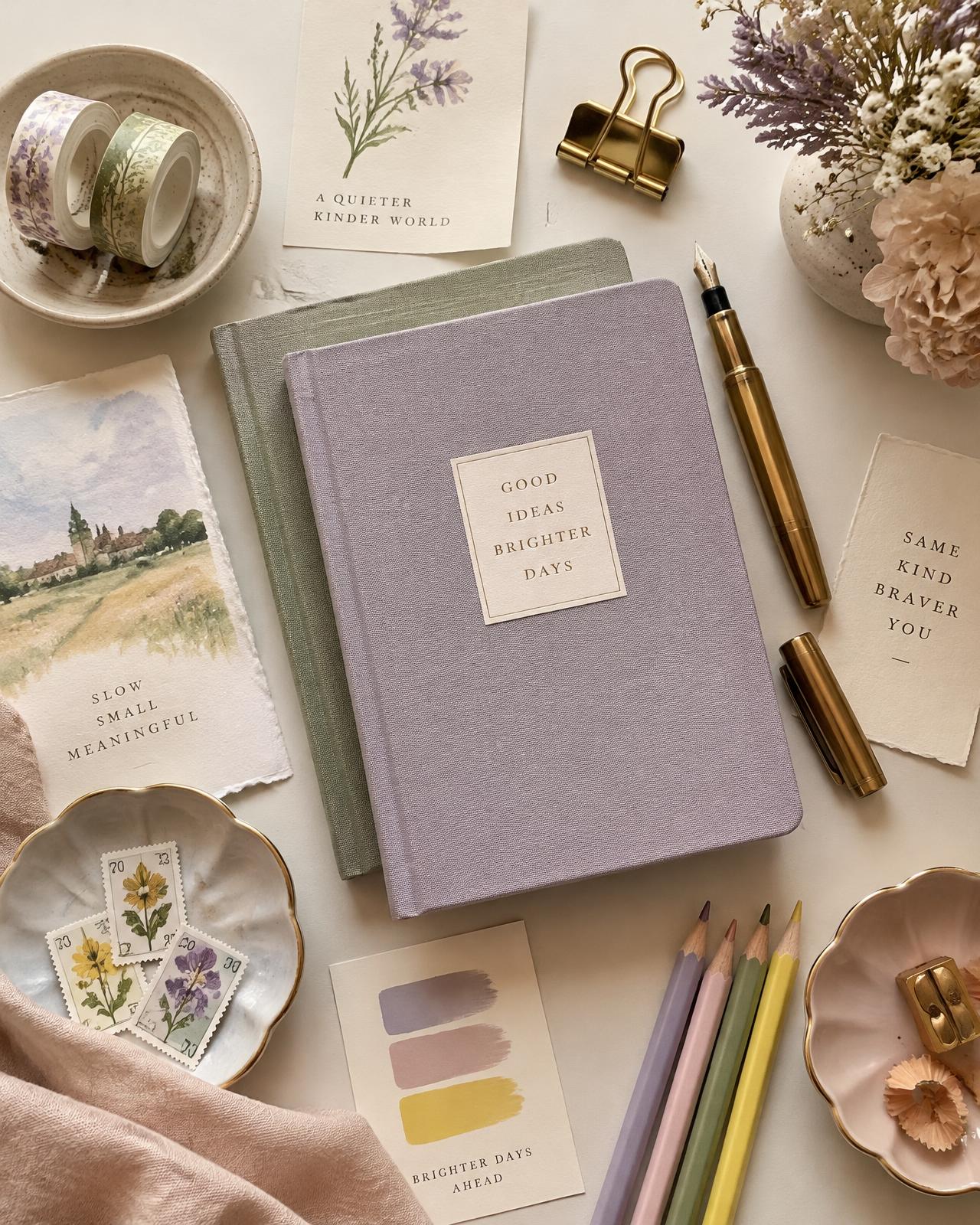 Flatlay of lavender and sage linen journals, a brass fountain pen, pastel pencils and washi tape